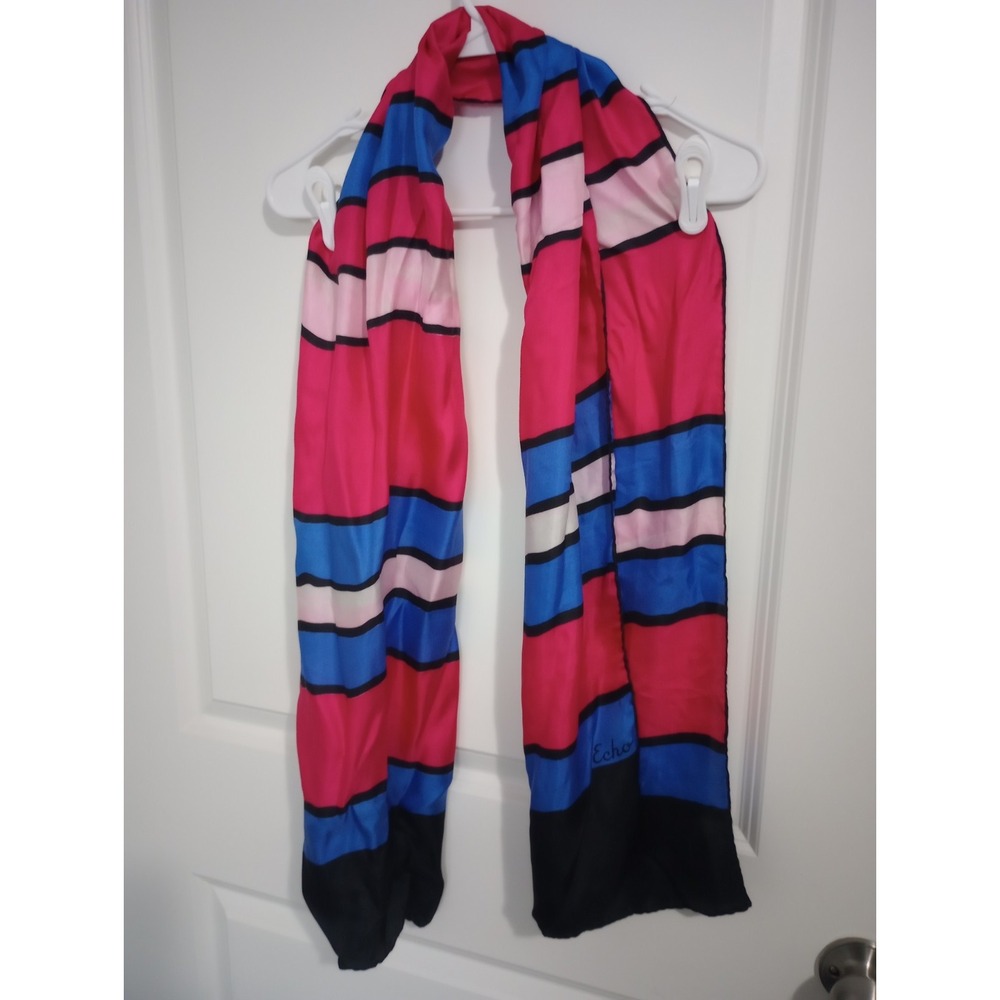 Echo Silk Oblong Scarf 64" x 15" Pink‎ Blue Black Color Block Striped